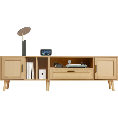 Meuble TV Élégant en Chêne avec Accents en Rotin Synthétique et Rangement Intégré BRAVVANS