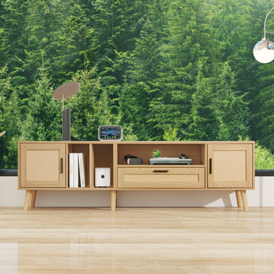 Meuble TV Élégant en Chêne avec Accents en Rotin Synthétique et Rangement Intégré BRAVVANS