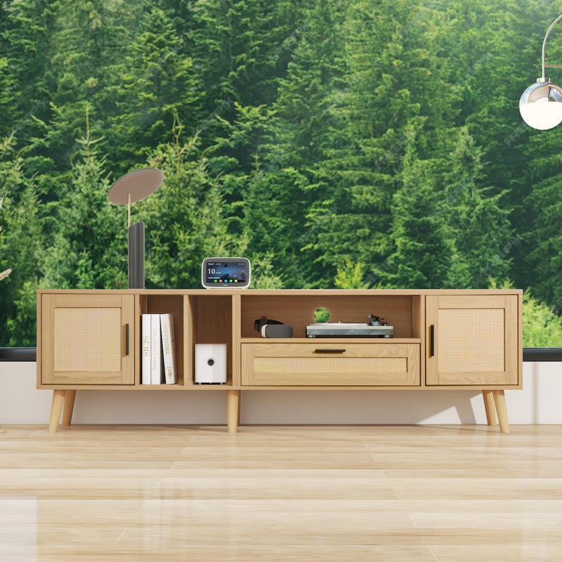 Meuble TV Élégant en Chêne avec Accents en Rotin Synthétique et Rangement Intégré BRAVVANS