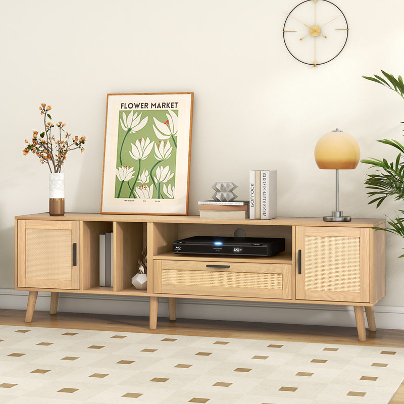 Meuble TV Élégant en Chêne avec Accents en Rotin Synthétique et Rangement Intégré BRAVVANS