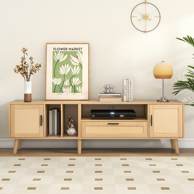 Meuble TV Élégant en Chêne avec Accents en Rotin Synthétique et Rangement Intégré BRAVVANS