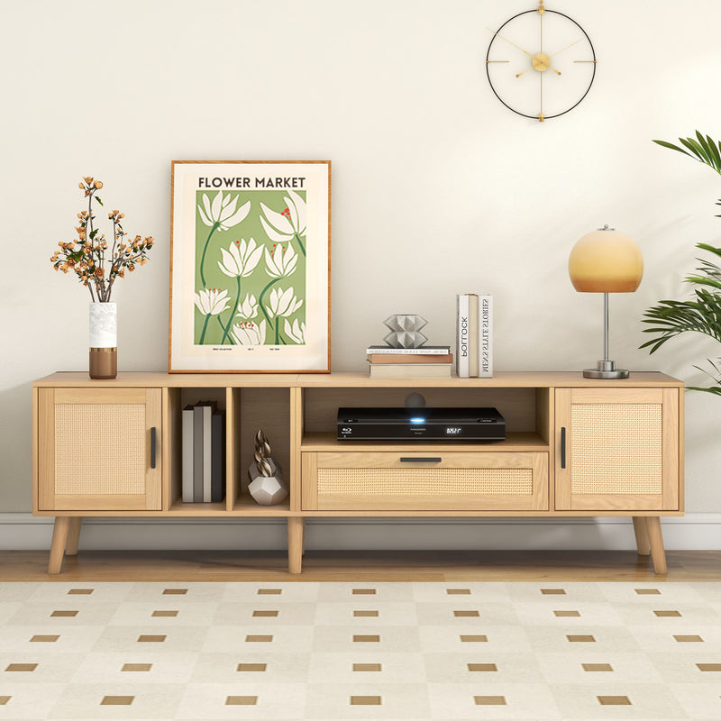 Meuble TV Élégant en Chêne avec Accents en Rotin Synthétique et Rangement Intégré BRAVVANS