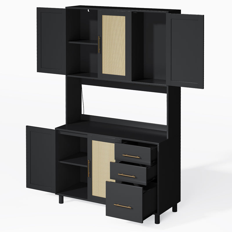 Buffet de Cuisine 183cm Noir avec Éclairage LED Contrôlé par App, Prises USB/Secteur, Tiroirs et Rangement Ajustable BRUQEIDS BLACK