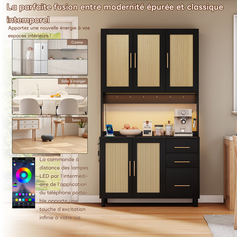 Buffet de Cuisine 183cm Noir avec Éclairage LED Contrôlé par App, Prises USB/Secteur, Tiroirs et Rangement Ajustable BRUQEIDS BLACK