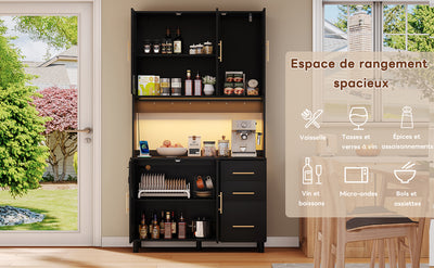 Buffet de Cuisine 183cm Noir avec Éclairage LED Contrôlé par App, Prises USB/Secteur, Tiroirs et Rangement Ajustable BRUQEIDS BLACK