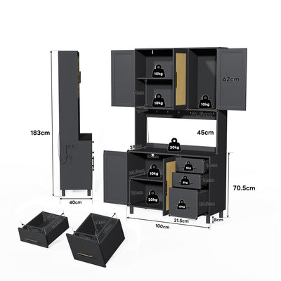 Buffet de Cuisine 183cm Noir avec Éclairage LED Contrôlé par App, Prises USB/Secteur, Tiroirs et Rangement Ajustable BRUQEIDS BLACK