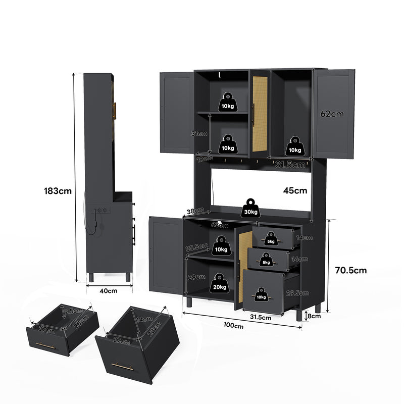 Buffet de Cuisine 183cm Noir avec Éclairage LED Contrôlé par App, Prises USB/Secteur, Tiroirs et Rangement Ajustable BRUQEIDS BLACK