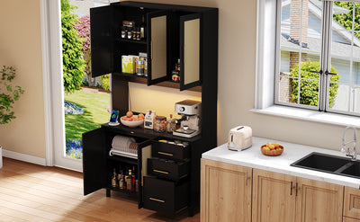 Buffet de Cuisine 183cm Noir avec Éclairage LED Contrôlé par App, Prises USB/Secteur, Tiroirs et Rangement Ajustable BRUQEIDS BLACK