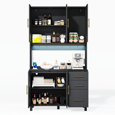 Buffet de Cuisine 183cm Noir avec Éclairage LED Contrôlé par App, Prises USB/Secteur, Tiroirs et Rangement Ajustable BRUQEIDS BLACK