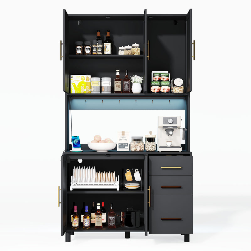 Buffet de Cuisine 183cm Noir avec Éclairage LED Contrôlé par App, Prises USB/Secteur, Tiroirs et Rangement Ajustable BRUQEIDS BLACK