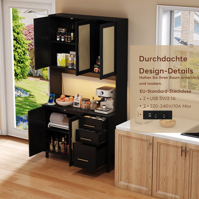 Buffet de Cuisine 183cm Noir avec Éclairage LED Contrôlé par App, Prises USB/Secteur, Tiroirs et Rangement Ajustable BRUQEIDS BLACK