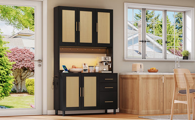 Buffet de Cuisine 183cm Noir avec Éclairage LED Contrôlé par App, Prises USB/Secteur, Tiroirs et Rangement Ajustable BRUQEIDS BLACK