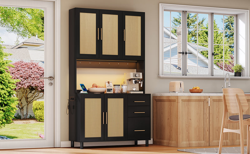 Buffet de Cuisine 183cm Noir avec Éclairage LED Contrôlé par App, Prises USB/Secteur, Tiroirs et Rangement Ajustable BRUQEIDS BLACK