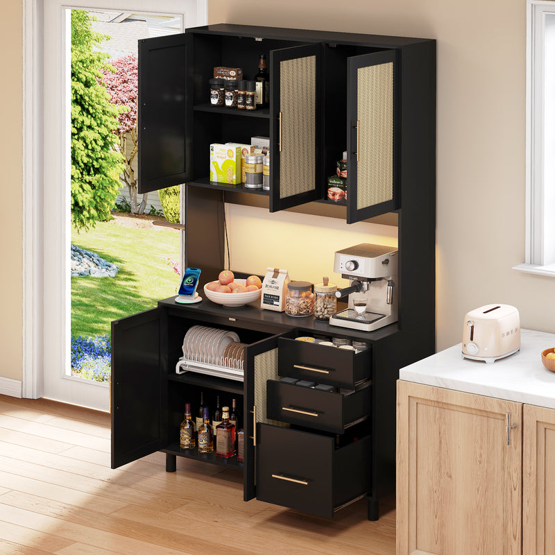 Buffet de Cuisine 183cm Noir avec Éclairage LED Contrôlé par App, Prises USB/Secteur, Tiroirs et Rangement Ajustable BRUQEIDS BLACK