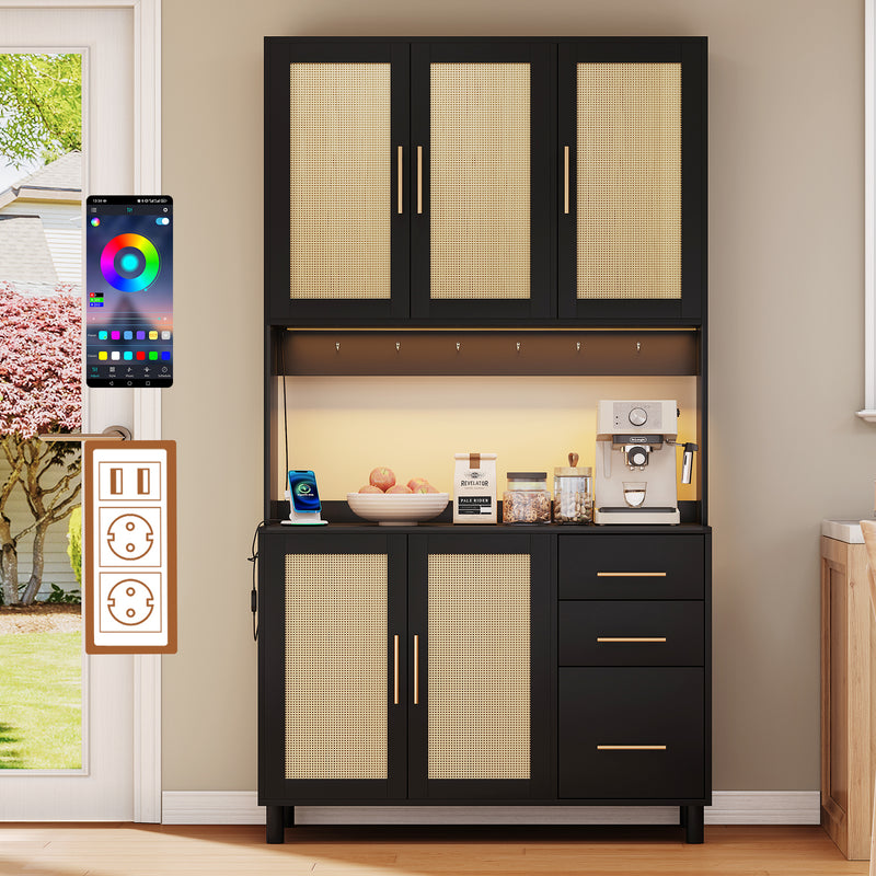 Buffet de Cuisine 183cm Noir avec Éclairage LED Contrôlé par App, Prises USB/Secteur, Tiroirs et Rangement Ajustable BRUQEIDS BLACK