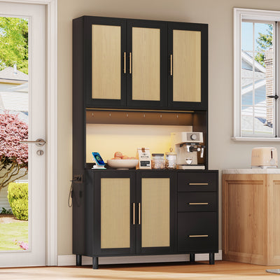 Buffet de Cuisine 183cm Noir avec Éclairage LED Contrôlé par App, Prises USB/Secteur, Tiroirs et Rangement Ajustable BRUQEIDS BLACK