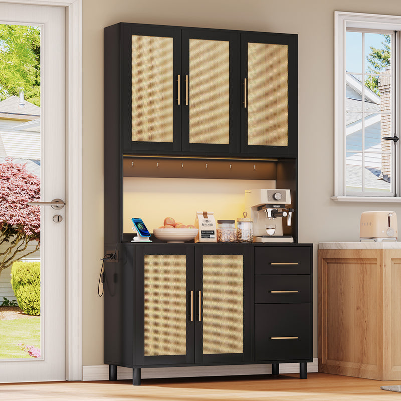 Buffet de Cuisine 183cm Noir avec Éclairage LED Contrôlé par App, Prises USB/Secteur, Tiroirs et Rangement Ajustable BRUQEIDS BLACK