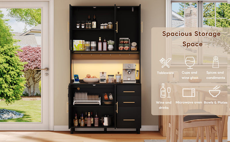 Buffet de Cuisine 183cm Noir avec Éclairage LED Contrôlé par App, Prises USB/Secteur, Tiroirs et Rangement Ajustable BRUQEIDS BLACK