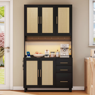 Buffet de Cuisine 183cm Noir avec Éclairage LED Contrôlé par App, Prises USB/Secteur, Tiroirs et Rangement Ajustable BRUQEIDS BLACK