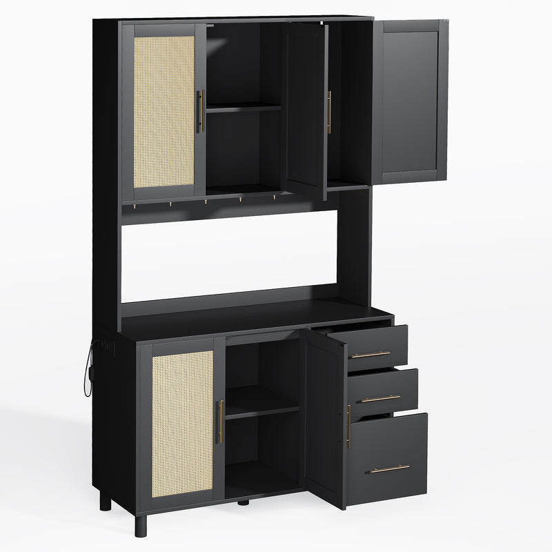 Buffet de Cuisine 183cm Noir avec Éclairage LED Contrôlé par App, Prises USB/Secteur, Tiroirs et Rangement Ajustable BRUQEIDS BLACK