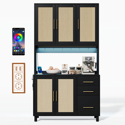 Buffet de Cuisine 183cm Noir avec Éclairage LED Contrôlé par App, Prises USB/Secteur, Tiroirs et Rangement Ajustable BRUQEIDS BLACK