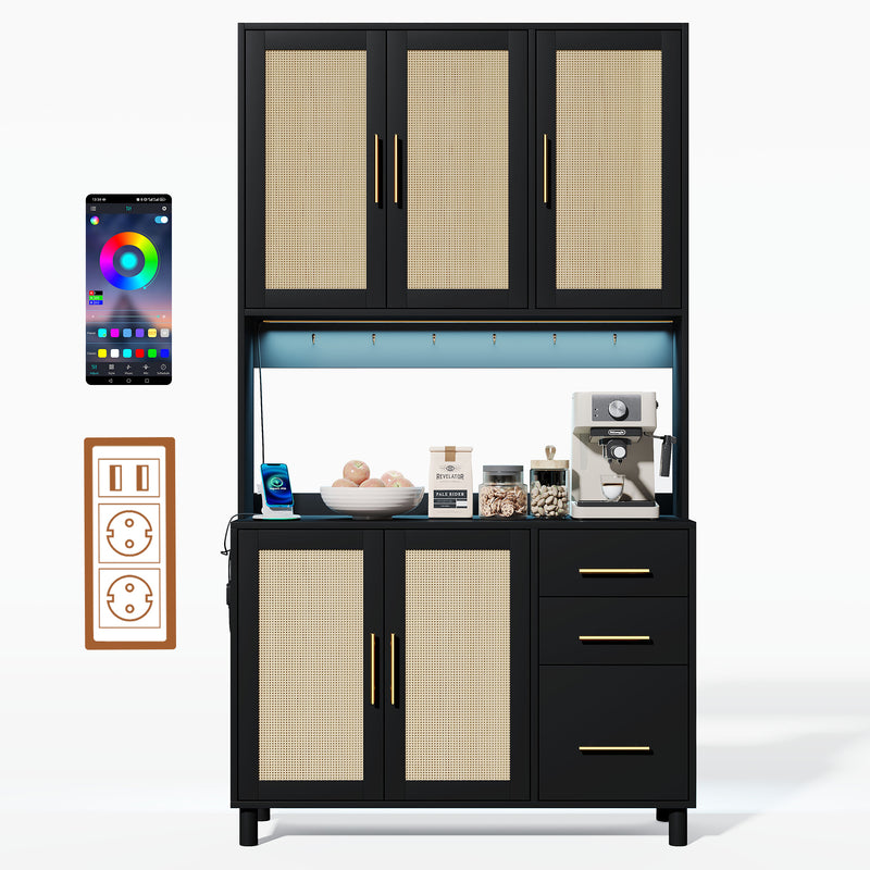 Buffet de Cuisine 183cm Noir avec Éclairage LED Contrôlé par App, Prises USB/Secteur, Tiroirs et Rangement Ajustable BRUQEIDS BLACK