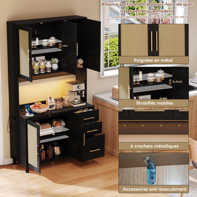 Buffet de Cuisine 183cm Noir avec Éclairage LED Contrôlé par App, Prises USB/Secteur, Tiroirs et Rangement Ajustable BRUQEIDS BLACK