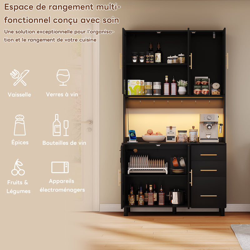 Buffet de Cuisine 183cm Noir avec Éclairage LED Contrôlé par App, Prises USB/Secteur, Tiroirs et Rangement Ajustable BRUQEIDS BLACK