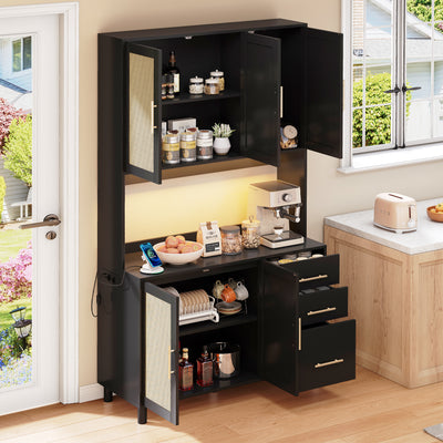 Buffet de Cuisine 183cm Noir avec Éclairage LED Contrôlé par App, Prises USB/Secteur, Tiroirs et Rangement Ajustable BRUQEIDS BLACK