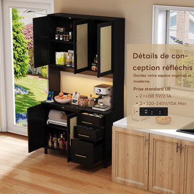 Buffet de Cuisine 183cm Noir avec Éclairage LED Contrôlé par App, Prises USB/Secteur, Tiroirs et Rangement Ajustable BRUQEIDS BLACK