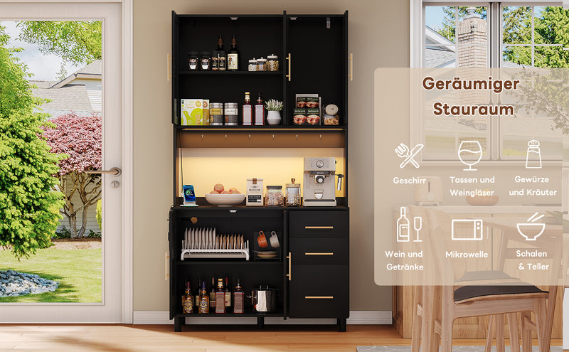 Buffet de Cuisine 183cm Noir avec Éclairage LED Contrôlé par App, Prises USB/Secteur, Tiroirs et Rangement Ajustable BRUQEIDS BLACK