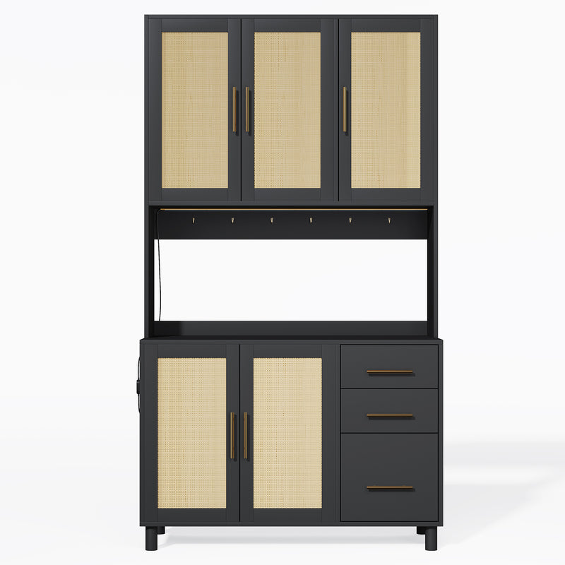 Buffet de Cuisine 183cm Noir avec Éclairage LED Contrôlé par App, Prises USB/Secteur, Tiroirs et Rangement Ajustable BRUQEIDS BLACK