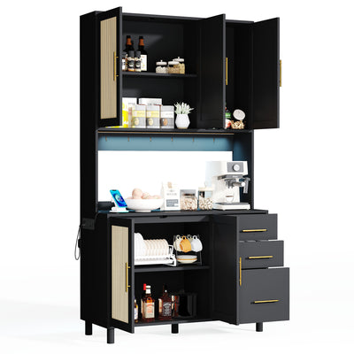 Buffet de Cuisine 183cm Noir avec Éclairage LED Contrôlé par App, Prises USB/Secteur, Tiroirs et Rangement Ajustable BRUQEIDS BLACK