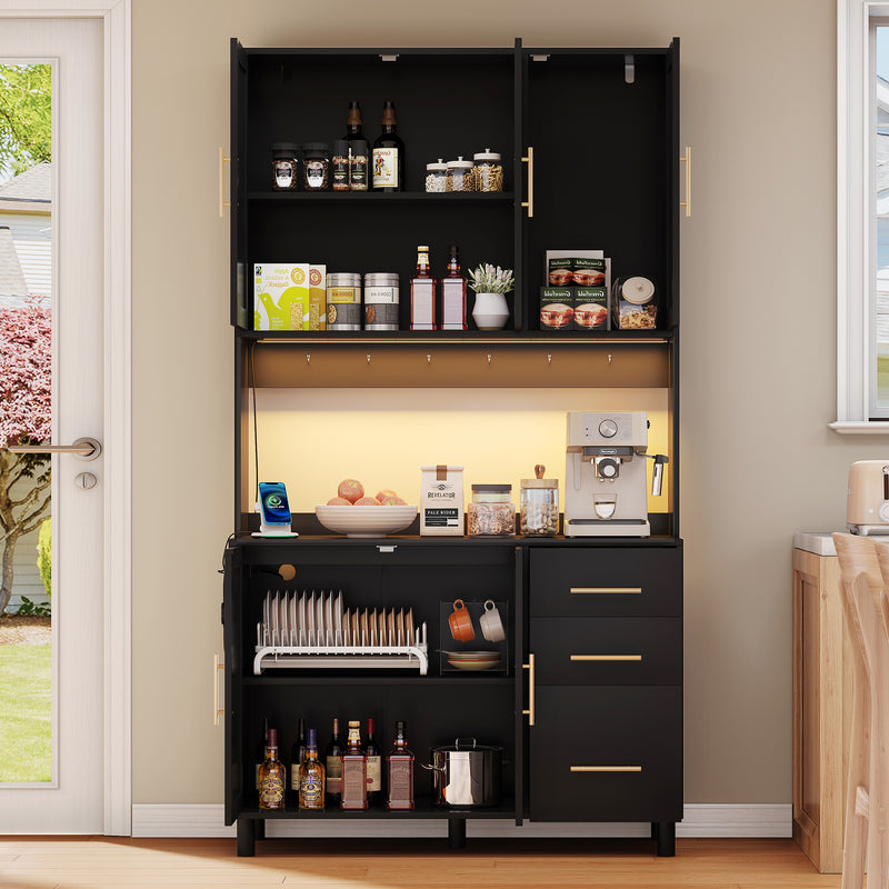 Buffet de Cuisine 183cm Noir avec Éclairage LED Contrôlé par App, Prises USB/Secteur, Tiroirs et Rangement Ajustable BRUQEIDS BLACK