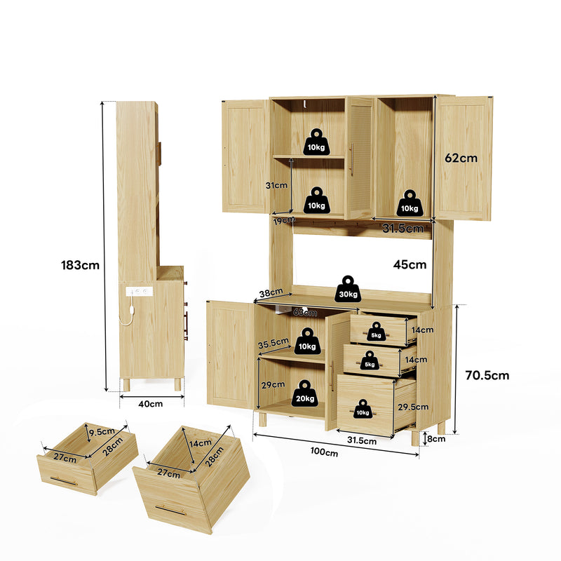 Buffet de Cuisine 183cm Naturel avec LED Contrôlée par App, Prises USB/Secteur, Tiroirs et Rangement Ajustable BRUQEIDS WOOD