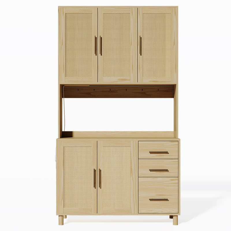Buffet de Cuisine 183cm Naturel avec LED Contrôlée par App, Prises USB/Secteur, Tiroirs et Rangement Ajustable BRUQEIDS WOOD