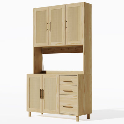Buffet de Cuisine 183cm Naturel avec LED Contrôlée par App, Prises USB/Secteur, Tiroirs et Rangement Ajustable BRUQEIDS WOOD