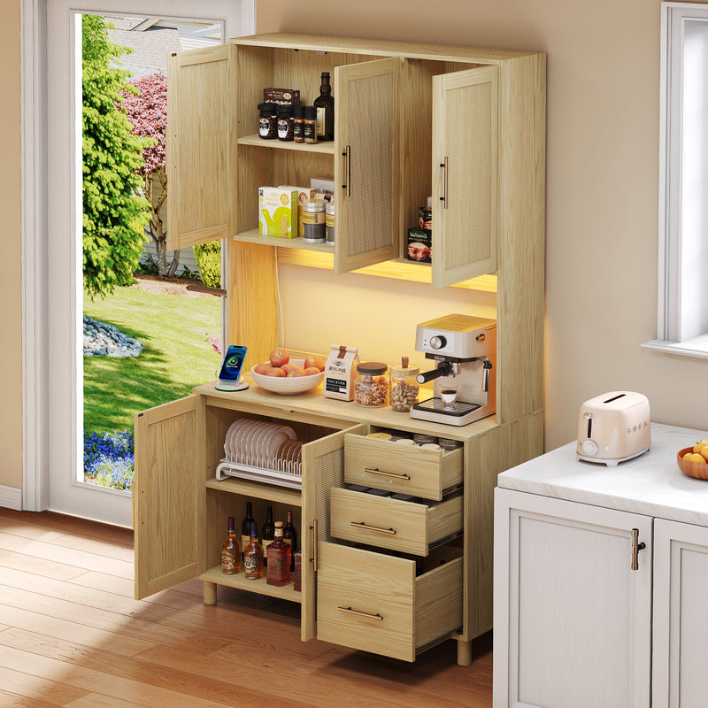 Buffet de Cuisine 183cm Naturel avec LED Contrôlée par App, Prises USB/Secteur, Tiroirs et Rangement Ajustable BRUQEIDS WOOD