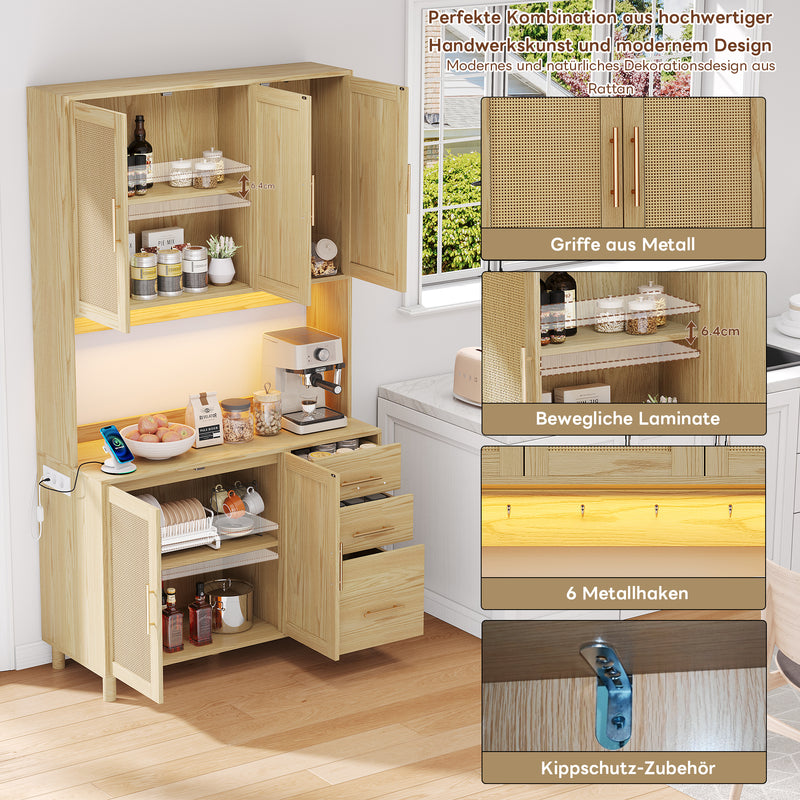 Buffet de Cuisine 183cm Naturel avec LED Contrôlée par App, Prises USB/Secteur, Tiroirs et Rangement Ajustable BRUQEIDS WOOD