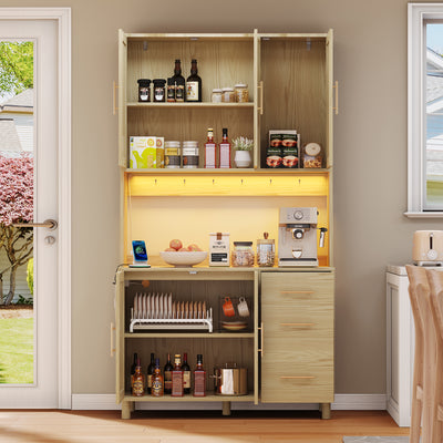 Buffet de Cuisine 183cm Naturel avec LED Contrôlée par App, Prises USB/Secteur, Tiroirs et Rangement Ajustable BRUQEIDS WOOD