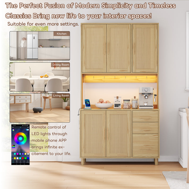 Buffet de Cuisine 183cm Naturel avec LED Contrôlée par App, Prises USB/Secteur, Tiroirs et Rangement Ajustable BRUQEIDS WOOD