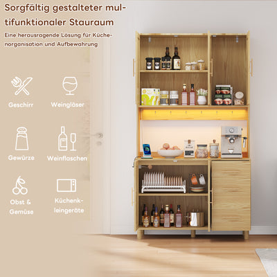 Buffet de Cuisine 183cm Naturel avec LED Contrôlée par App, Prises USB/Secteur, Tiroirs et Rangement Ajustable BRUQEIDS WOOD
