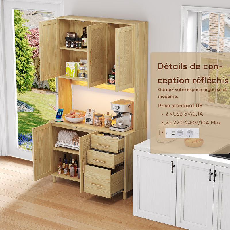 Buffet de Cuisine 183cm Naturel avec LED Contrôlée par App, Prises USB/Secteur, Tiroirs et Rangement Ajustable BRUQEIDS WOOD