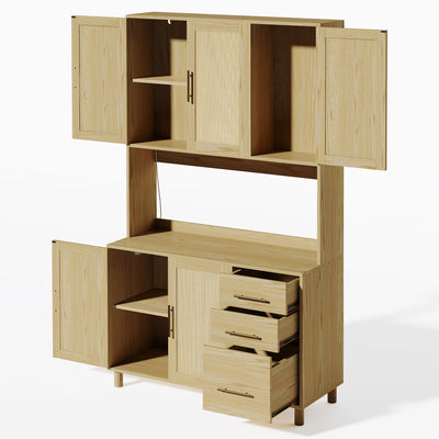 Buffet de Cuisine 183cm Naturel avec LED Contrôlée par App, Prises USB/Secteur, Tiroirs et Rangement Ajustable BRUQEIDS WOOD