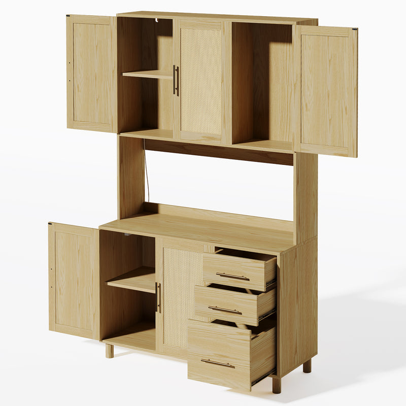 Buffet de Cuisine 183cm Naturel avec LED Contrôlée par App, Prises USB/Secteur, Tiroirs et Rangement Ajustable BRUQEIDS WOOD