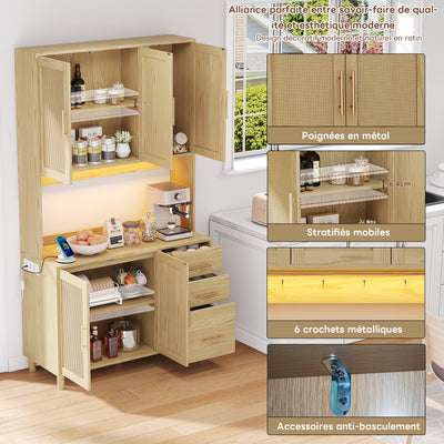 Buffet de Cuisine 183cm Naturel avec LED Contrôlée par App, Prises USB/Secteur, Tiroirs et Rangement Ajustable BRUQEIDS WOOD