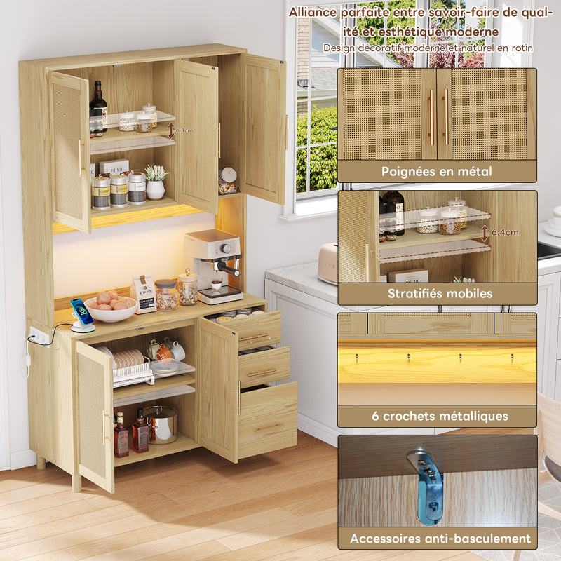 Buffet de Cuisine 183cm Naturel avec LED Contrôlée par App, Prises USB/Secteur, Tiroirs et Rangement Ajustable BRUQEIDS WOOD