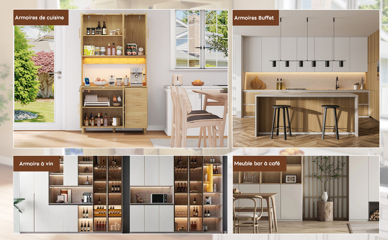 Buffet de Cuisine 183cm Naturel avec LED Contrôlée par App, Prises USB/Secteur, Tiroirs et Rangement Ajustable BRUQEIDS WOOD