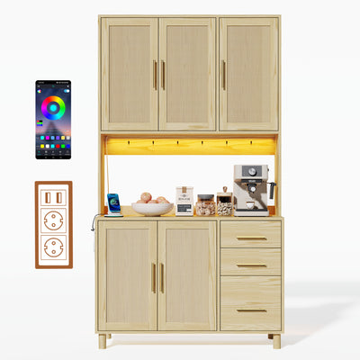 Buffet de Cuisine 183cm Naturel avec LED Contrôlée par App, Prises USB/Secteur, Tiroirs et Rangement Ajustable BRUQEIDS WOOD