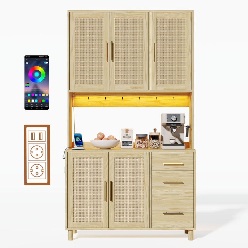 Buffet de Cuisine 183cm Naturel avec LED Contrôlée par App, Prises USB/Secteur, Tiroirs et Rangement Ajustable BRUQEIDS WOOD